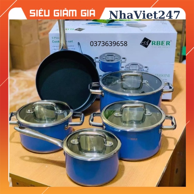 Bộ Nồi Chảo RBER 5 món-INOX 304 cao cấp-3 đáy đun từ-vung kính-xoong ,nồi,chảo đun bếp từ tốt,đẹp chính hãng,giá rẻ