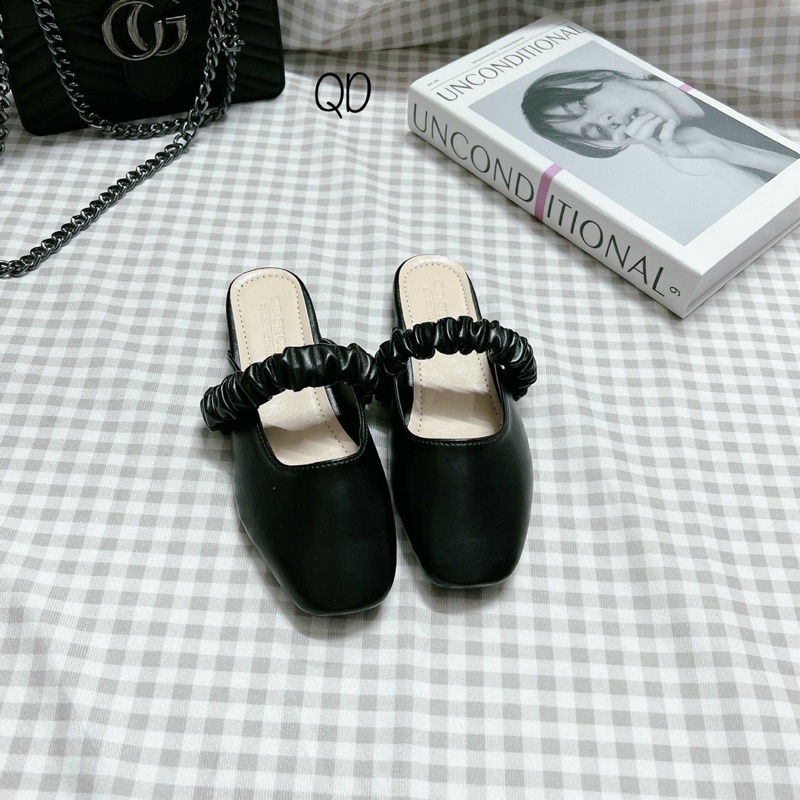 Dép sục bệt quai nhún ngang da lì mũi vuông