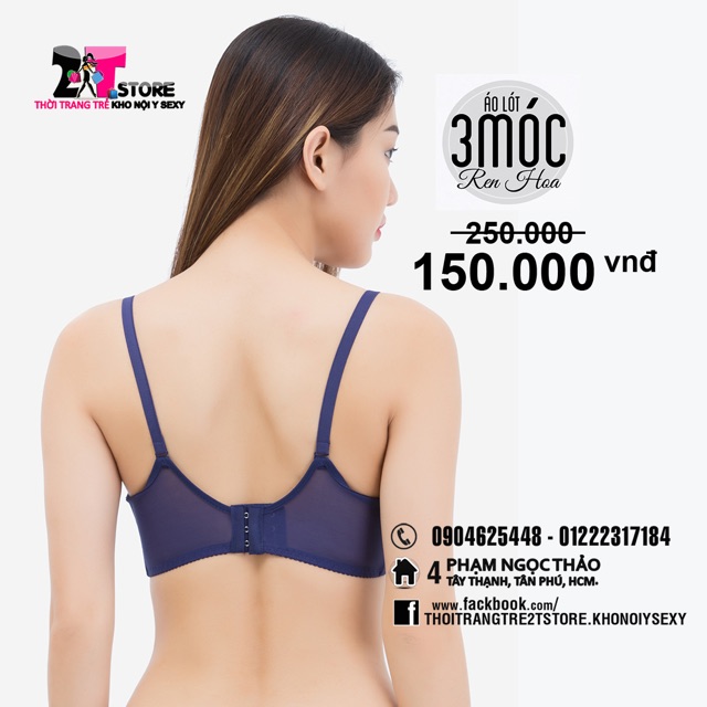 Áo Nâng Ngực Cotton 3 Móc Phối Ren (Xanh Dương)