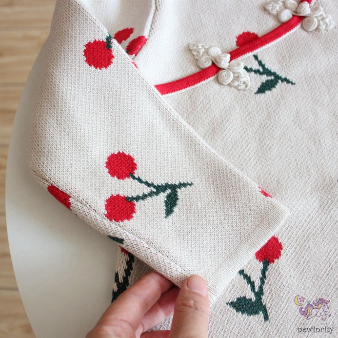 Đầm Sườn Xám Tay Dài Họa Tiết Quả Anh Đào Phong Cách Trung Hoa Dành Cho Bé Gái