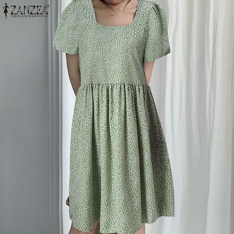 Zanzea Đầm Tay Ngắn Phồng Cổ Vuông In Họa Tiết Hoa Phong Cách Hàn Quốc Dành Cho Nữ