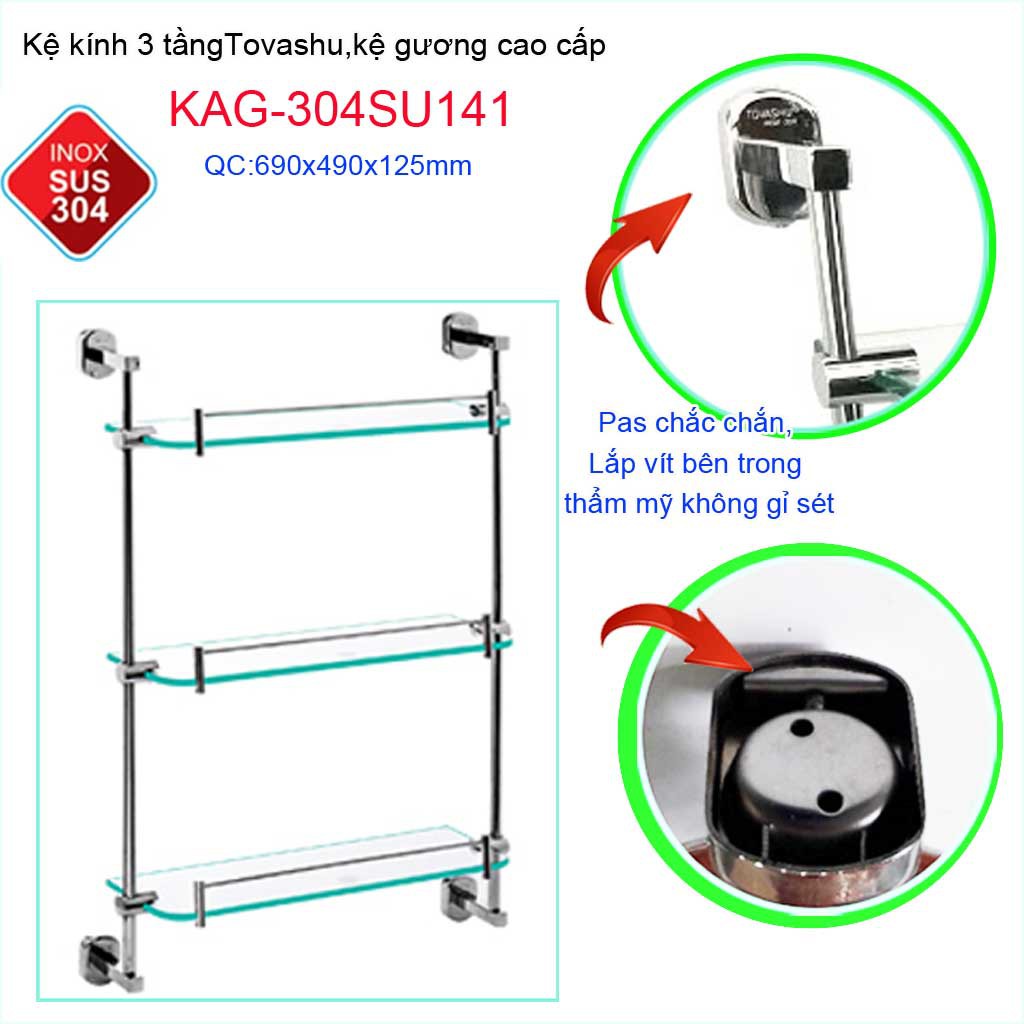 Kệ kiếng Tovashu KAG-304SU141, kệ xà phòng 3 tầng phòng tắm cao cấp Inox Nhật Bản