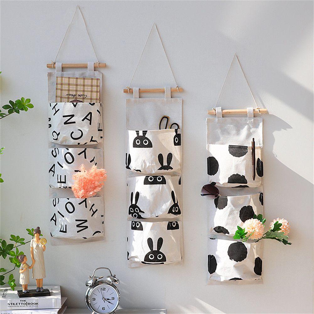 Túi Treo Cửa Phòng Ngủ Đựng Mỹ Phẩm 3 Ngăn Bằng Vải Lanh Cotton Hình Thỏ