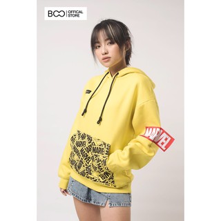 Áo Hoodie BOO Nỉ Có Mũ Nam Nữ Dáng Rộng Phối Miếng Vải Ở Tay Áo Và Túi Bụng In Tràn Logo Marvel Cao Cấp Màu Vàng Cá Tính