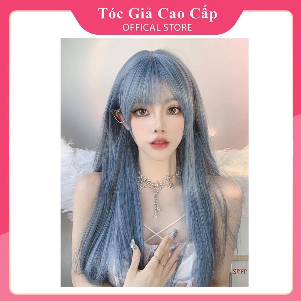Tóc giả nữ nguyên đầu nữ đẹp màu xanh dương phối line nâu, mẫu mới siu đẹp, tặng lưới trùm, BHT017