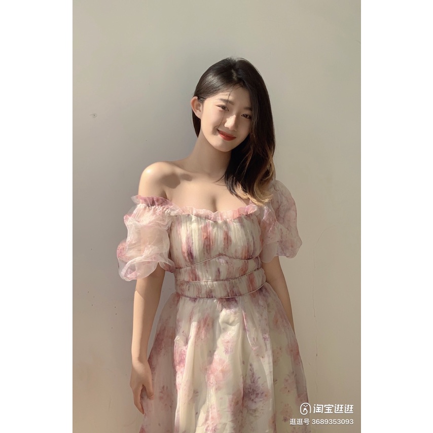 Váy maxi tơ hoa tay bồng tiểu thư, nhẹ nhàng nữ tính hàng Quảng Châu