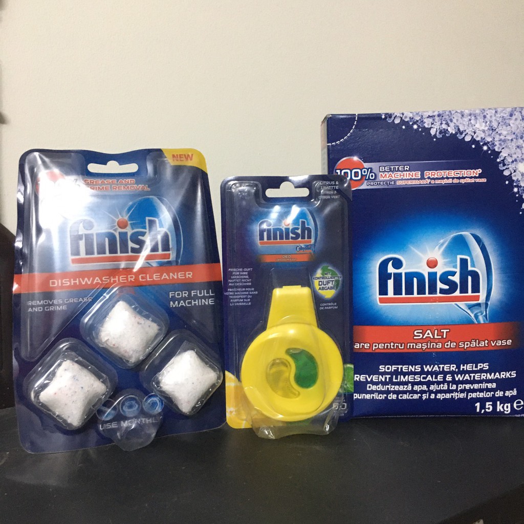 Tinh dầu Finish khử mùi Máy rửa bát chén.Vỉ 3 viên vệ sinh máy. hộp muối làm mềm nước 1.2 kg