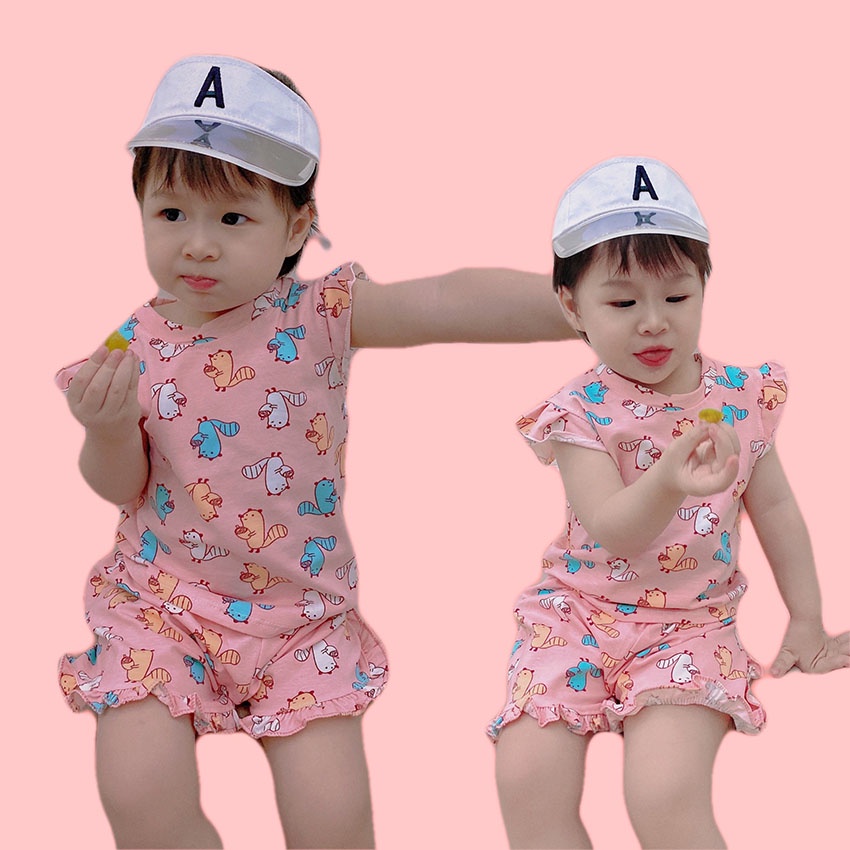 Bộ Quần Áo Trẻ Em Cộc Tay In Hình Mèo Dâu LOL Xinh Xắn Vải Cotton Cho Bé Gái Từ 8-20kg Mã CT47