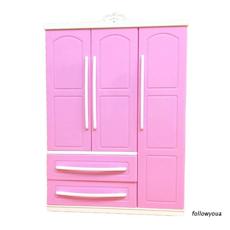 Tủ quần áo Barbie mini 24cm×18cm 3 cánh màu hồng hiện đại có gương trang điểm có thể để giày