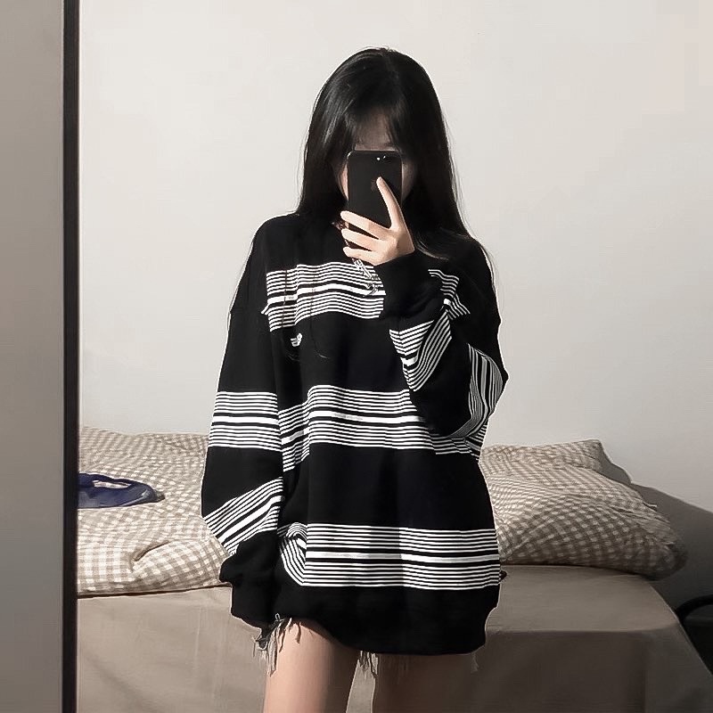 Áo sweater kẻ chất liệu thun cotton