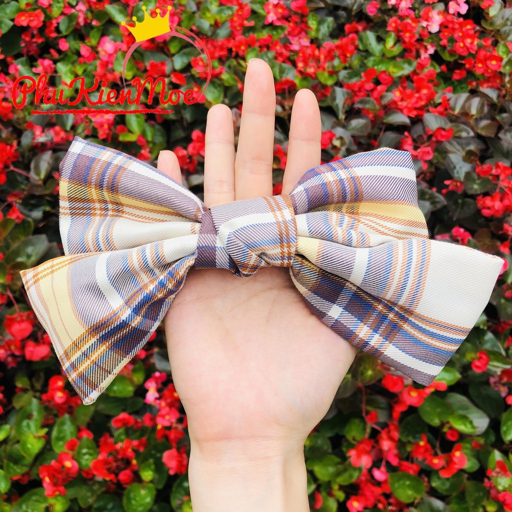 Kẹp tóc tiểu thư hình chiếc nơ kẻ nâu nhẹ nhàng nữ tính handmade