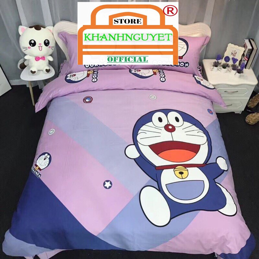 Bộ vỏ chăn drap cotton 100% hoạt hình-Doraemon Nền Tím
