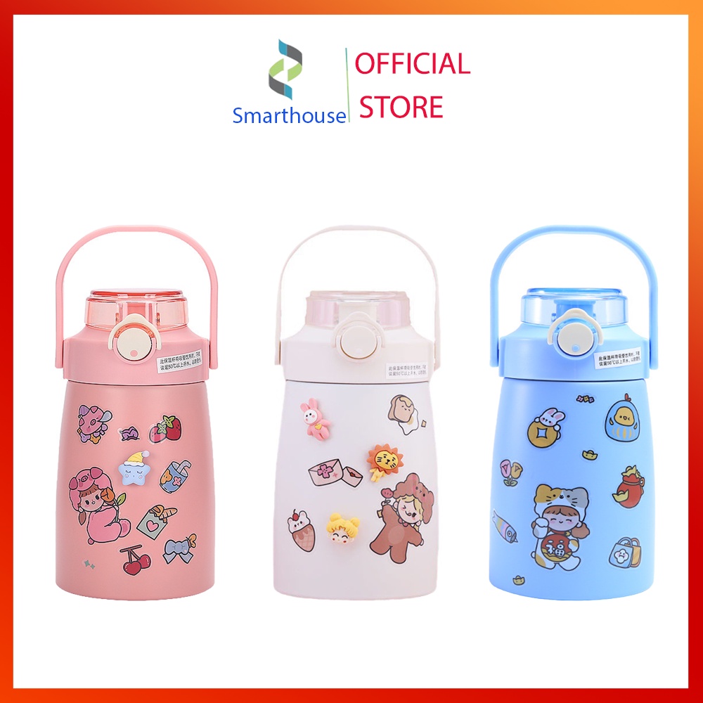 Bình giữ nhiệt 800ml có quai cao cấp kèm ống hút và sticker dễ thương