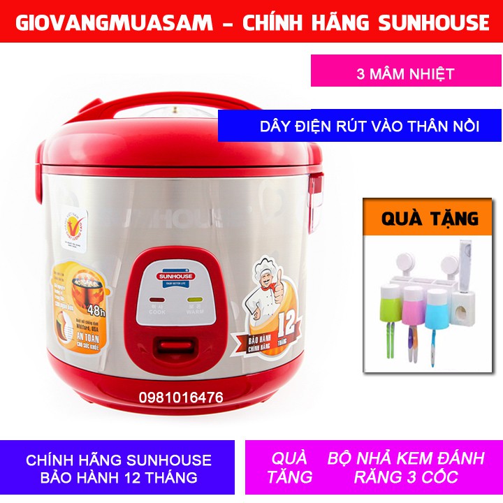 Nồi cơm điện Sunhouse 1.8 lít SHD 18S + TẶNG NHẢ KEM ĐÁNH RĂNG 3 CỐC