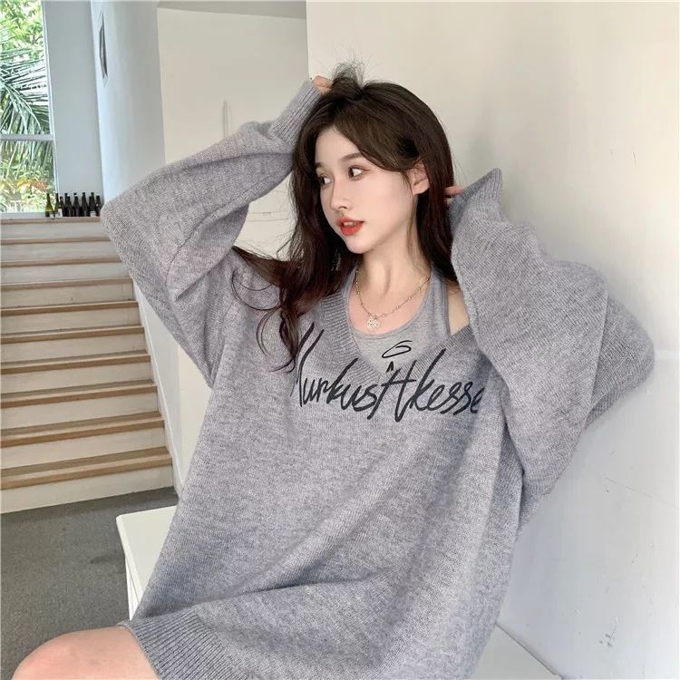 Bộ áo dệt kim cổ chữ V dáng rộng + áo khoác sát nách thời trang mùa thu phong cách mới cho nữ năm 2021