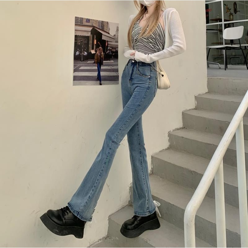 Quần Jean Lưng Cao Ống Loe Ôm Dáng Phối Dây Cột Thời Trang Cho Nữ