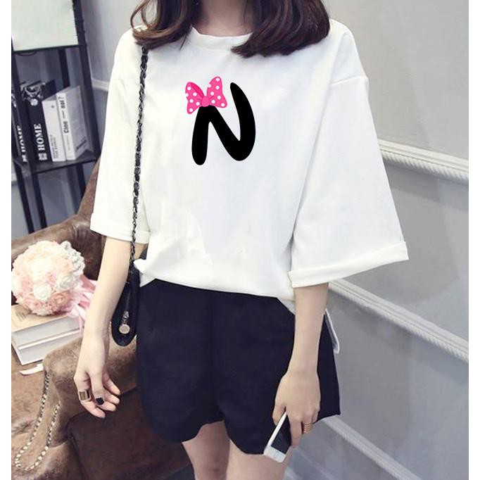 Áo thun nữ tay lỡ form rộng chữ N đeo nơ vải dày mịn TEEWOC14