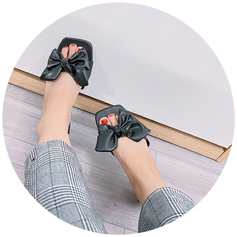 Dép nữ cao gót vuông 4cm quai ngang da lì nơ 4 cánh