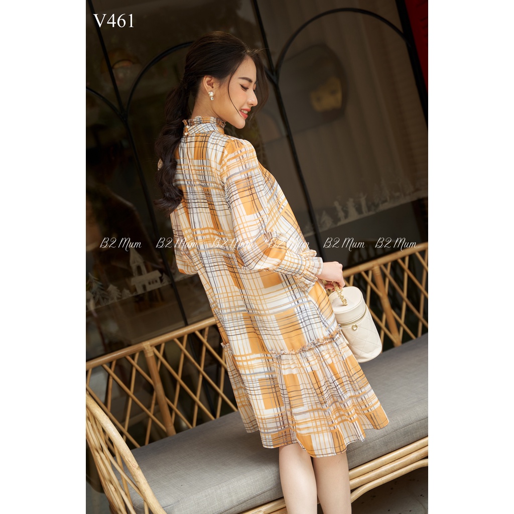 V461 Váy bầu tơ kẻ vàng uôi cá thiết kế dự tiệc công sở mùa thu  B2MUM