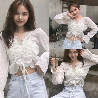 áo croptop tay dài Tay Dài Cổ Chữ V Thiết Kế Dây Rút Thời Trang Cho Nữ