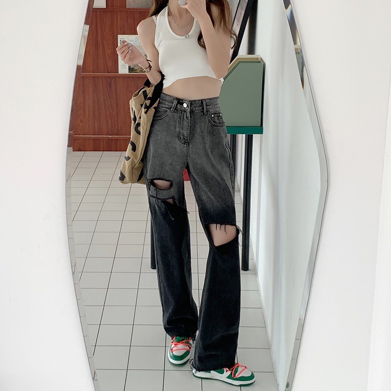 Quần Jeans Dài Rách Gối Thời Trang Dành Cho Nữ