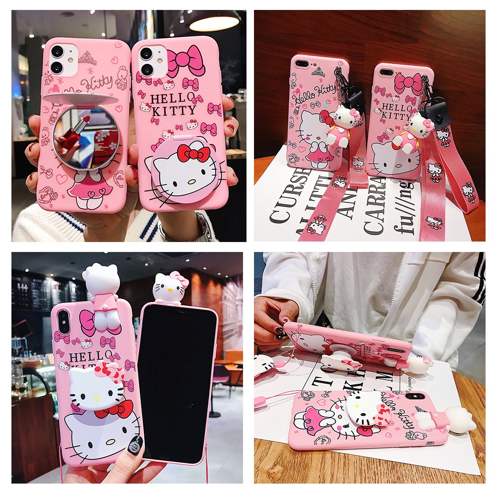 Ốp Điện Thoại TPU Mềm Có Gương+Dây Đeo Hello Kitty 3D Cho Samsung Galaxy J5 J6 Plus Prime J7 Core 2015 2016