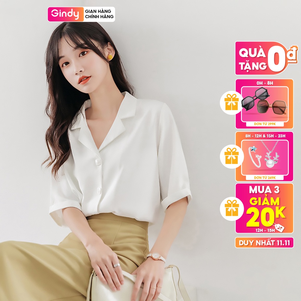 Áo sơ mi lụa ngọc trai GINDY cổ vest tay lỡ cúc vuông dáng basic sang chảnh thời trang công sở A10114