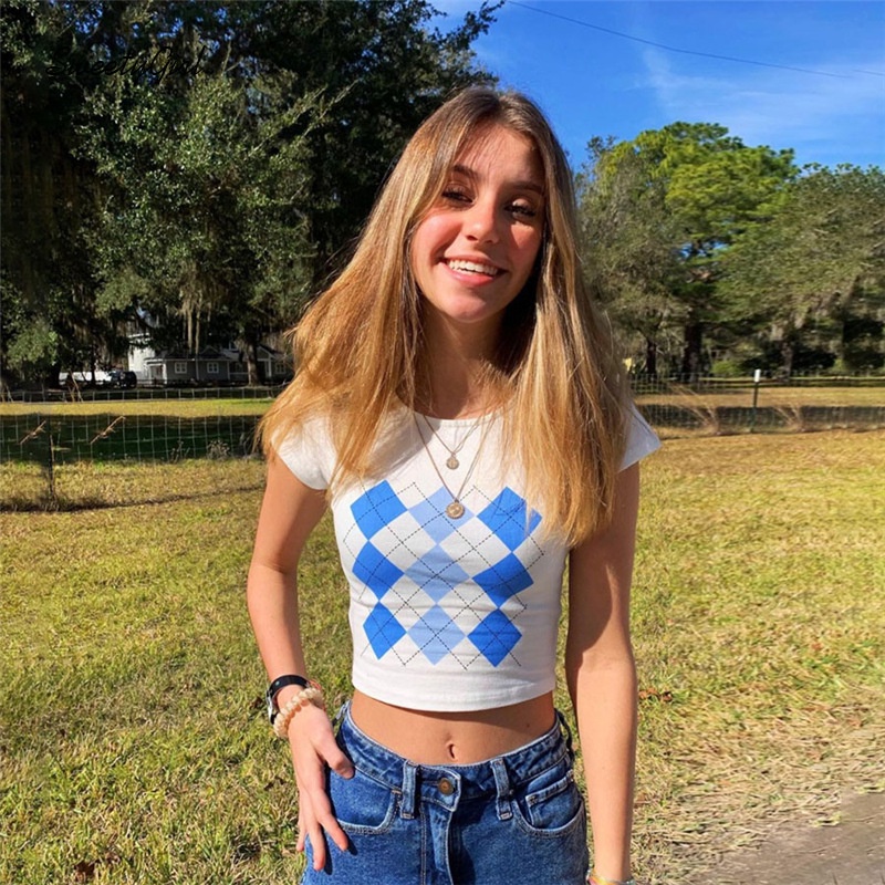 Áo Croptop Cổ Tròn Tay Ngắn Dáng Ôm In Họa Tiết Caro Thời Trang Cho Nữ