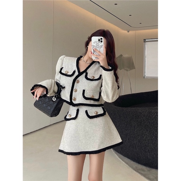 Set áo dạ tweed dáng croptop kèm chân váy chữ A phối viền tua rua (có ảnh thật)