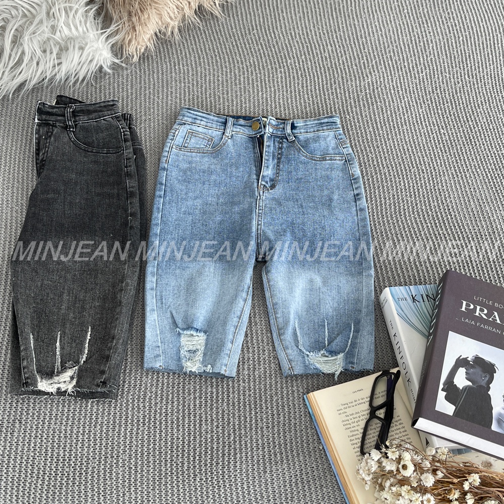 Quần Lửng Nữ Skinny Nữ Lưng Cao Ombre MinJean MS50, Quần Jean Ngố Rách Loang Co Giãn Hack Dáng