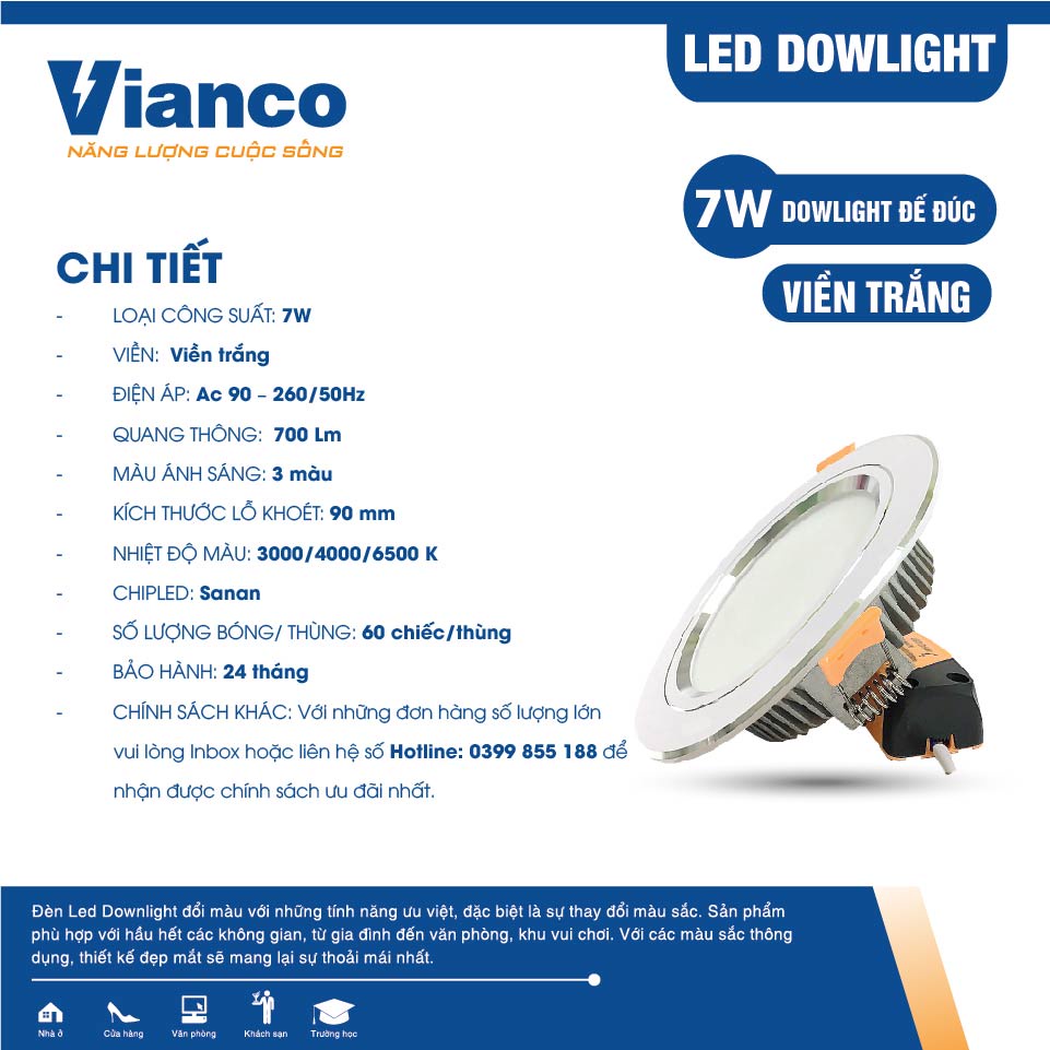 Đèn Led Âm Trần Downlight VIANCO 7W Làm Từ Hợp Kim Nhôm Cao Cấp, Thiết Kế Hai Loại Đế Viền Đổi Màu