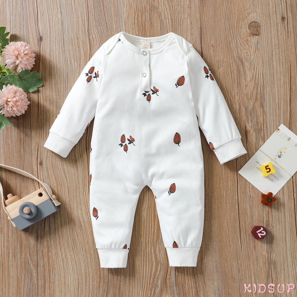 Bộ Áo Liền Quần Tay Dài Cổ Tròn In Họa Tiết Lá Cây Thời Trang Cho Bé