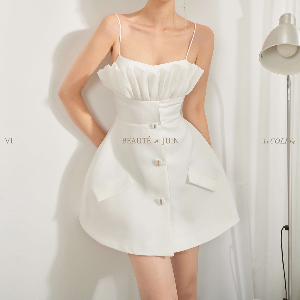Đầm ngắn 2 dây nữ ôm xếp ly voan ngực cúc vuông chân xòe