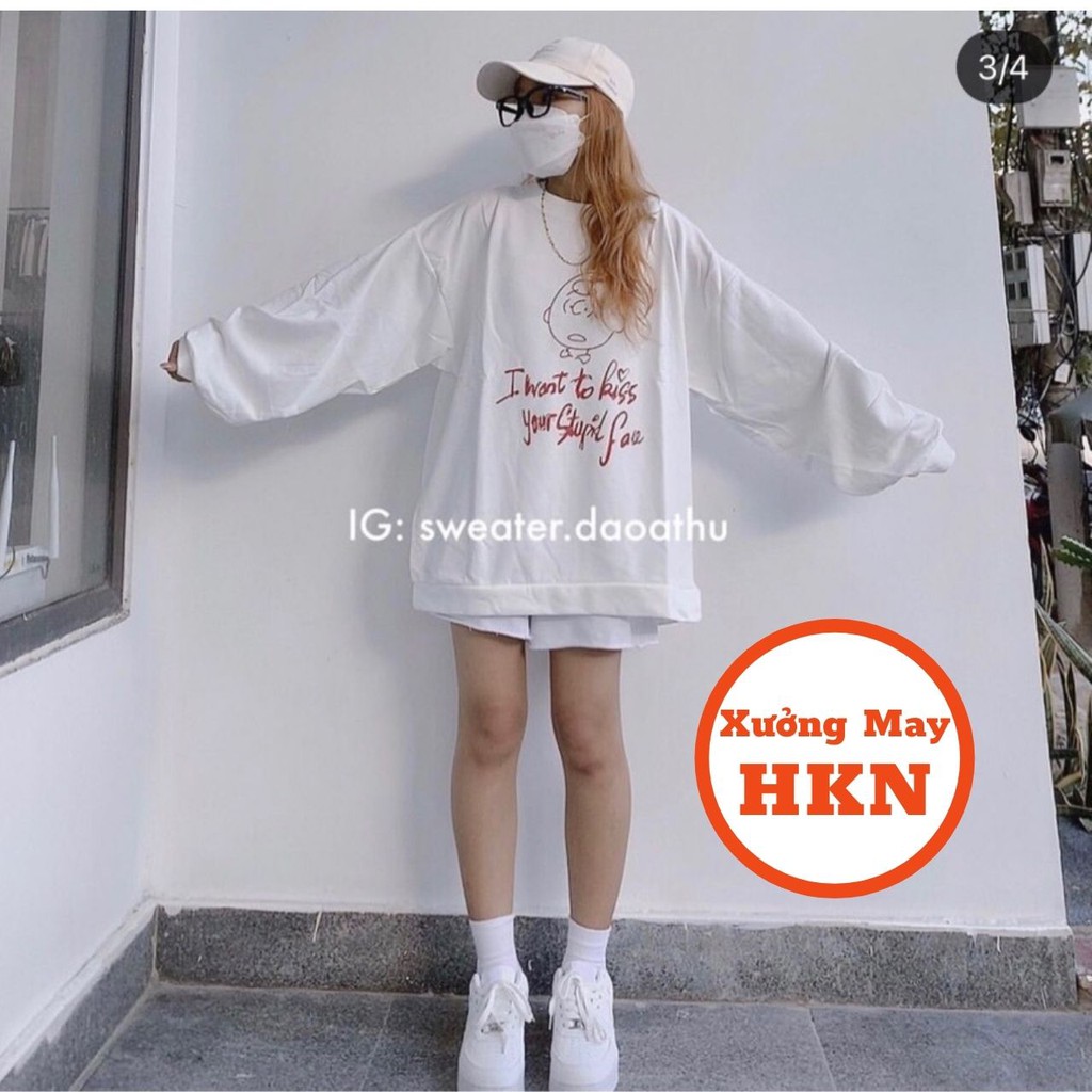 Áo Hoodie Nữ Sweater Cậu Bé To Kiss Màu Trắng Chất Mịn Mã 704 Xưởng Kho HKN