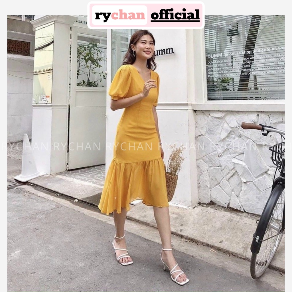Đầm Váy Nữ Đi Chơi Đi Du Lịch Cổ V Tay Bo Đuôi Cá Ôm Body Cực Nữ Tính Màu Vàng - DX9845