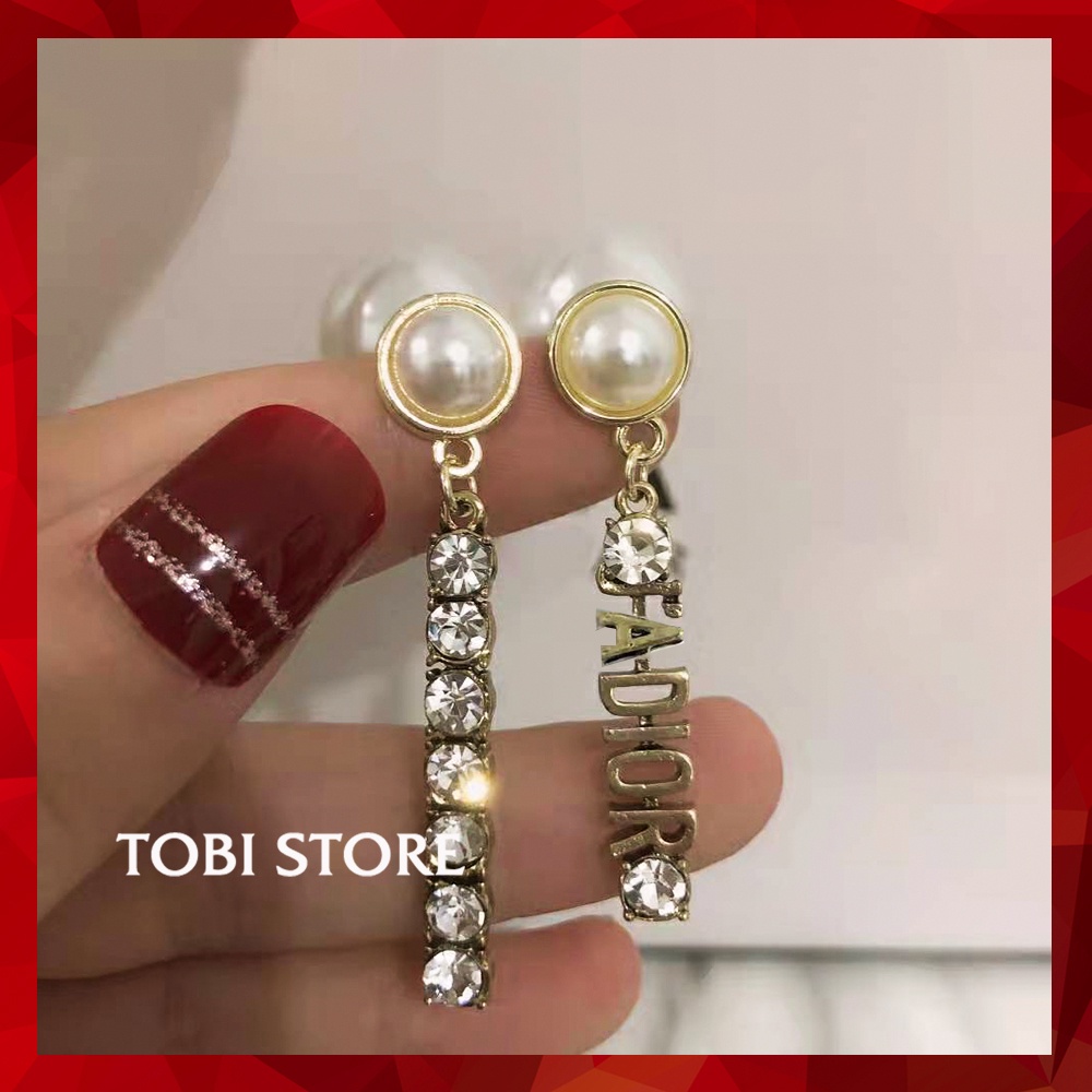 Bông tai thương hiệu D ngọc trai nhân tạo thả dài đính đá sang chảnh TB436 TOBI STORE