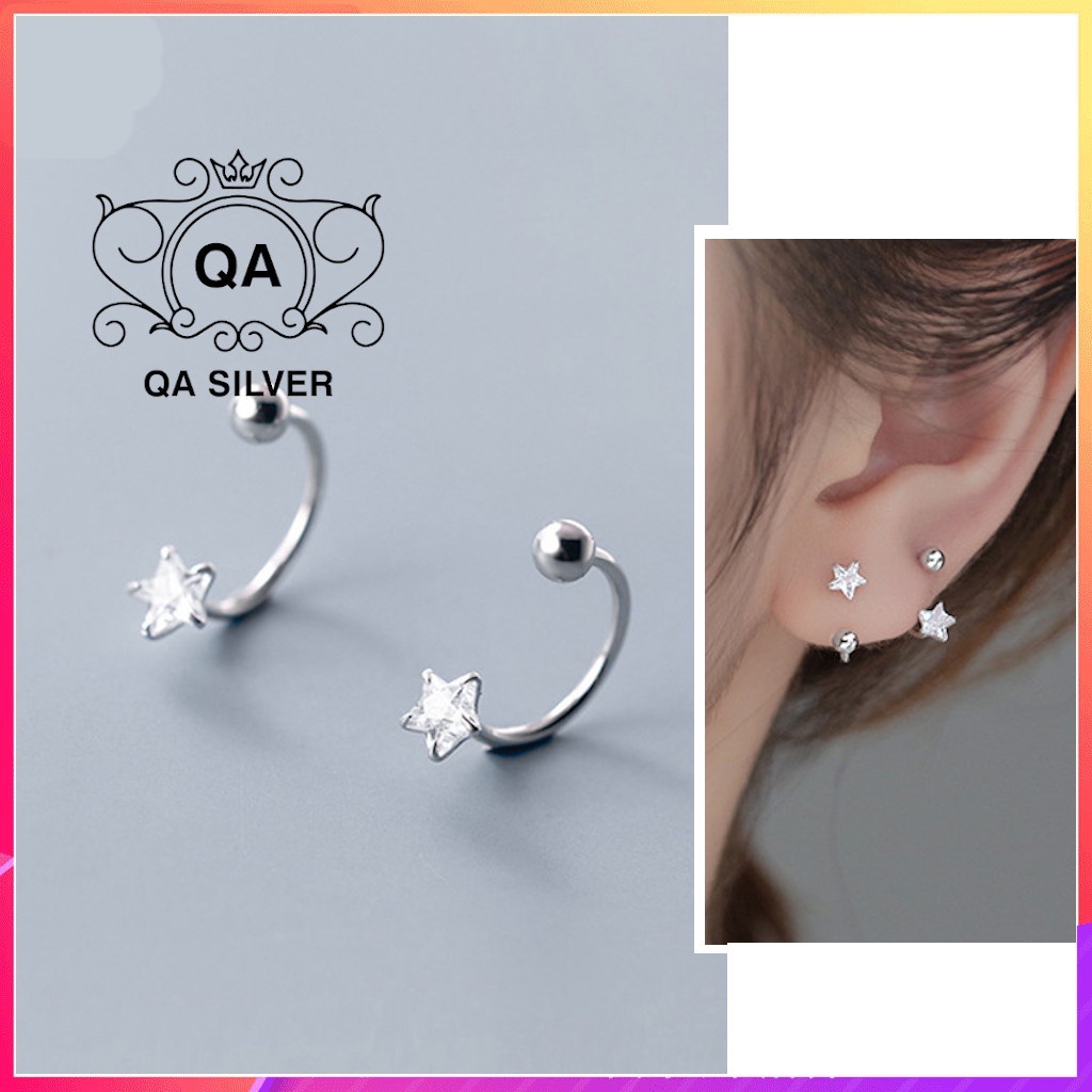 Khuyên tai bạc 925 ngôi sao đính đá chốt bi vặn bông treo nam nữ S925 STAR Silver Earrings QA SILVER EA211001