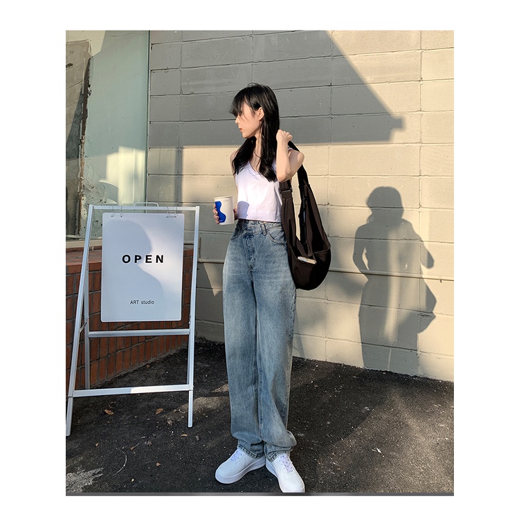 Quần Jean Ống Suông Lưng Cao Lệch Chéo Cạp Ullzzang Hot Taobao Order Chất Bò Xanh Nhạt MSC3B