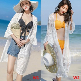 Áo khoác cardigan chống nắng dáng dài tay loe phối ren nữ tính