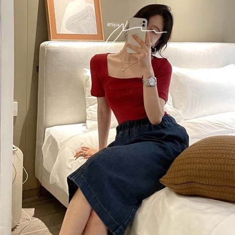 Áo dệt kim ZHELIHANGFEI tay ngắn cổ vuông gợi cảm thời trang