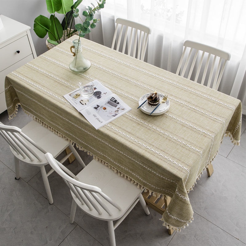 Khăn trải bàn hình chữ nhật bằng vải cotton phối tua rua