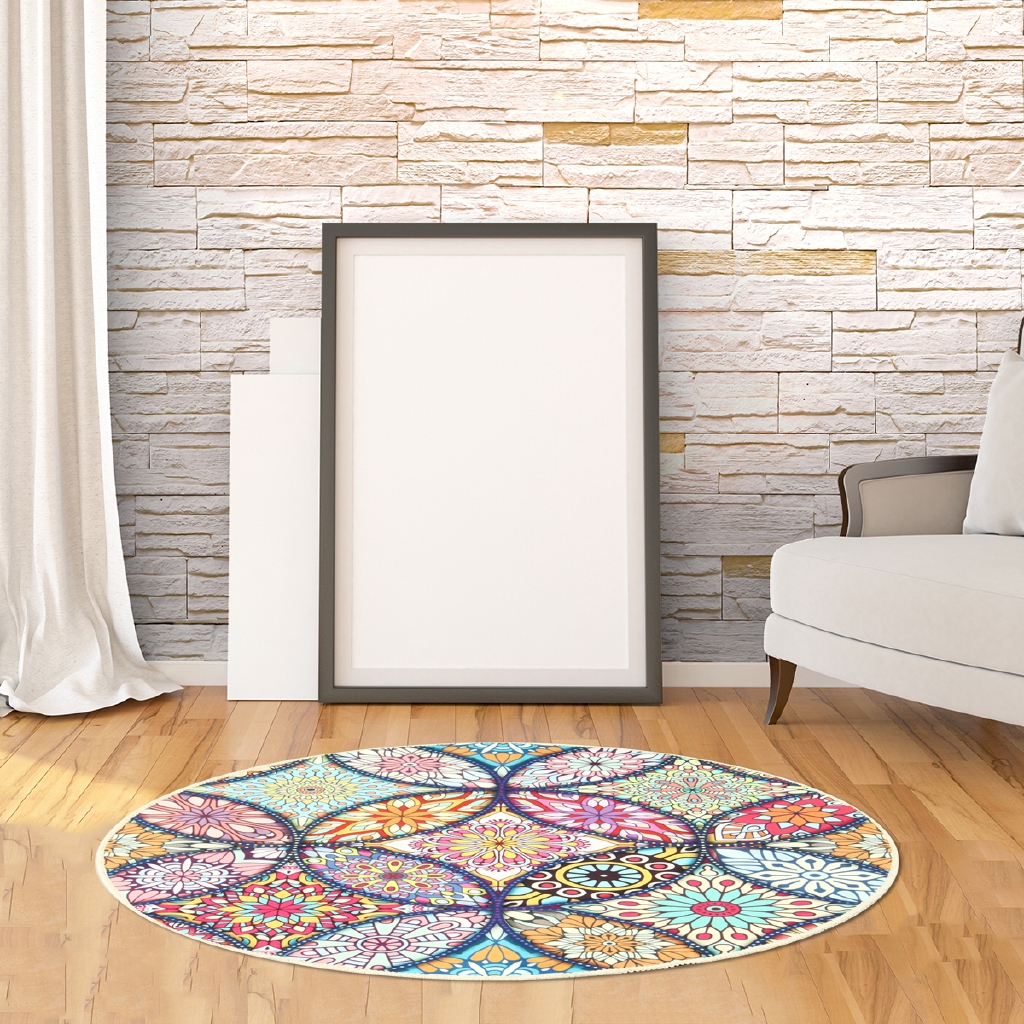 Thảm trải sàn hình tròn họa tiết hoa Mandala xinh xắn 60 / 80 / 100 / 120cm