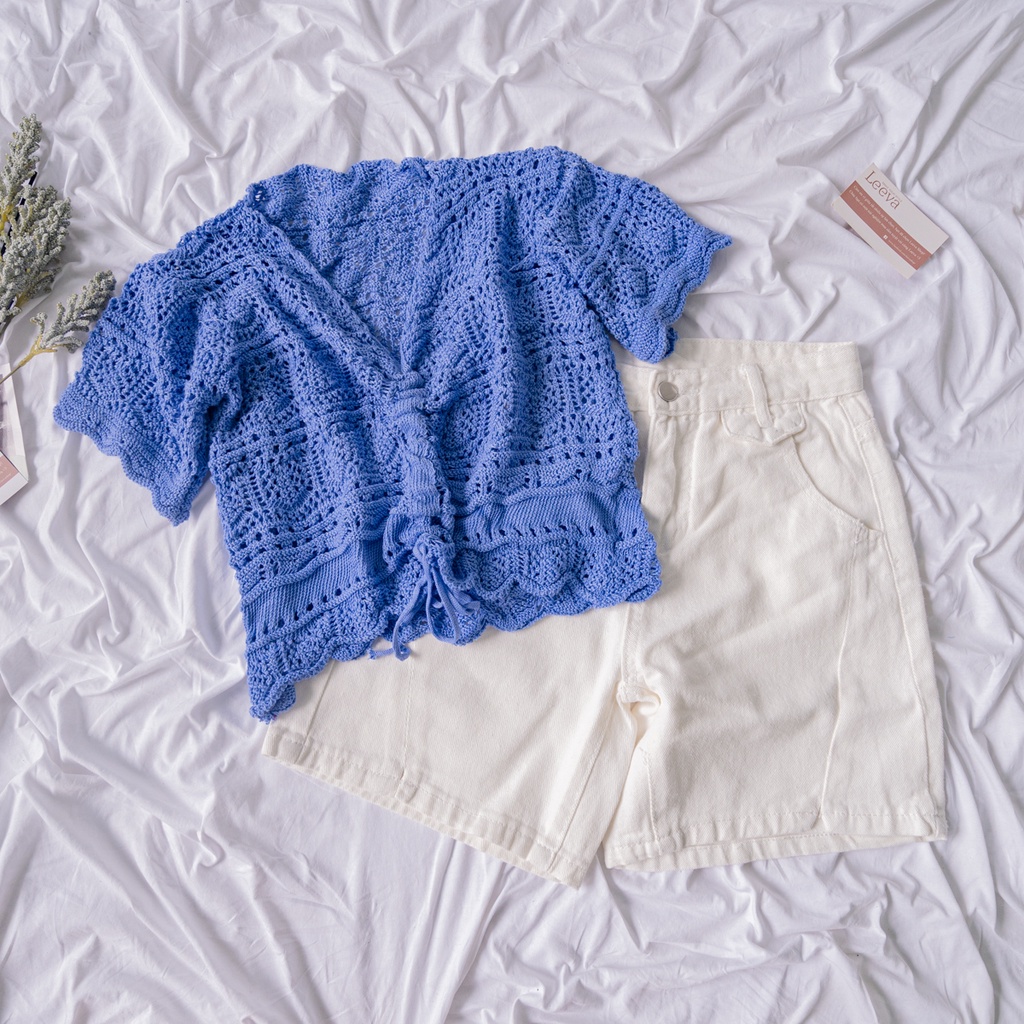 LEEVA - Áo croptop len dây rút ngắn tay mùa hè nhẹ nhàng A234