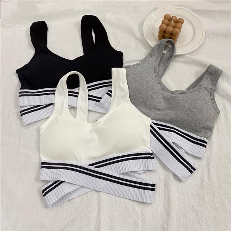 Áo Bra tập Gym cotton chéo eo phối kẻ