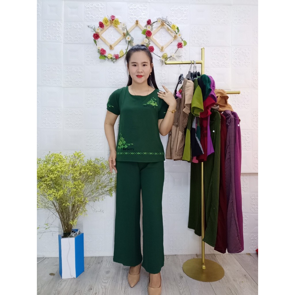 Đồ bộ trung niên mặc nhà cho mẹ chất đũi quần dài ống rộng thêu hoa BR.02