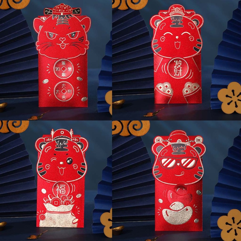 Set 4 bao lì xì màu đỏ họa tiết hổ hoạt hình đem lại may mắn cho lễ hội mùa xuân phong cách Trung Quốc