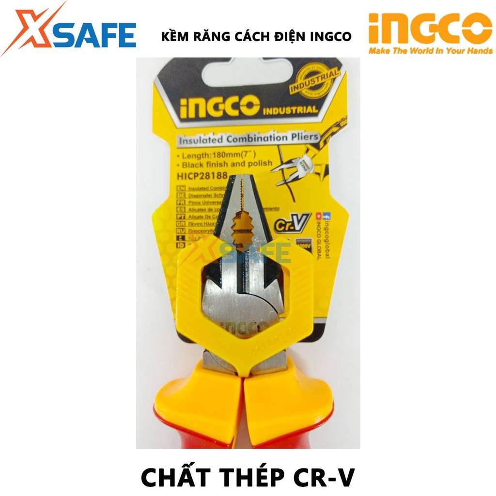 Kìm răng cách điện INGCO 3 kích thước 6&quot;/7&quot;/8&quot; Kìm cách điện đầu kềm được mạ đen và đánh bóng, tay cầm cách điện 1000V