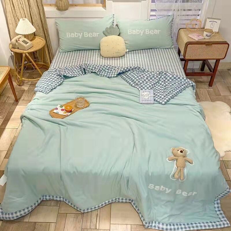Chăn ga gối cotton đũi , Bộ ga gối đũi Baby Bear chăn trần hè tặng kèm gấu xinh
