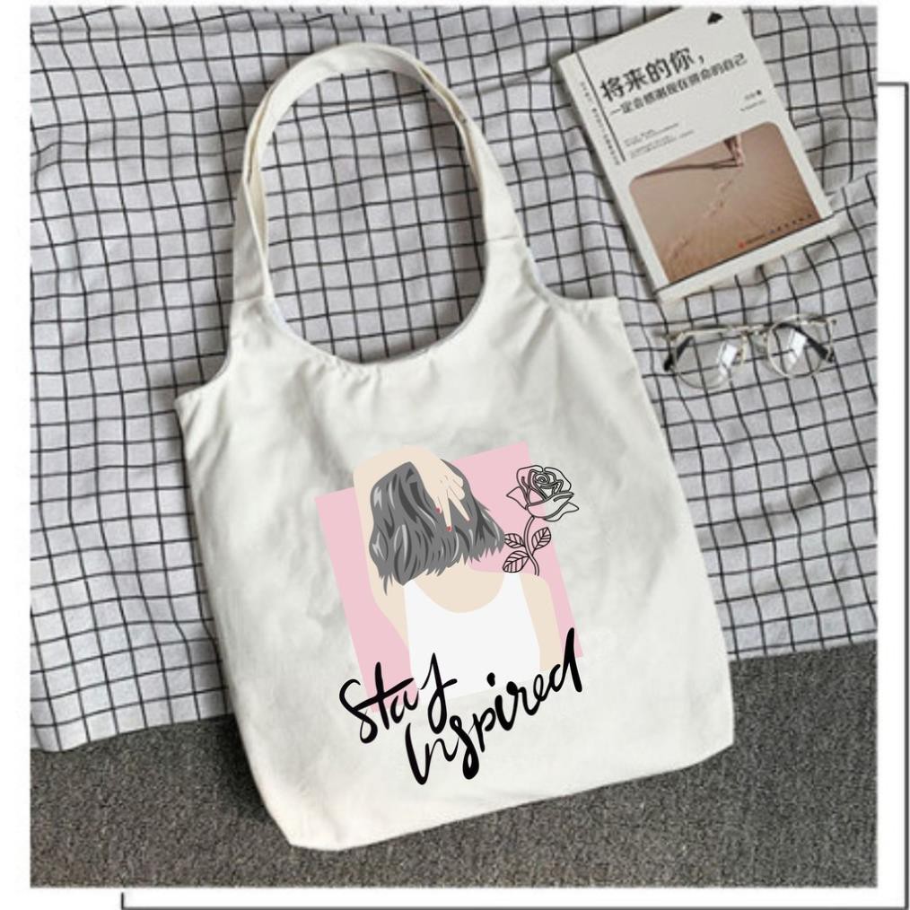 Túi tote vải canvas quai tròn nữ unisex đeo vai xách tay Hàn Quốc có khóa miệng cô gái Orange Girl dễ thương đủ màu sắc