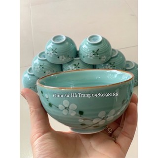 Bát cơm men lam vẽ hoa đào trắng gốm sứ Bát Tràng cao cấp